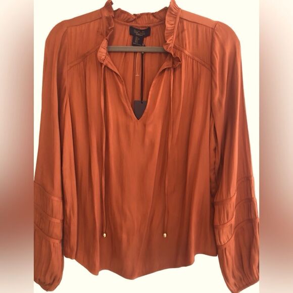 Rachel Rachel Roy Rust Split Neck Balloon Sleeve Peasant Boho Top Size Small - Picture 1 of 3